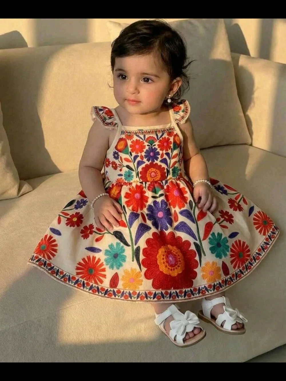 Girls Floral Embroidered Beige Sundress - Bright Multicolor